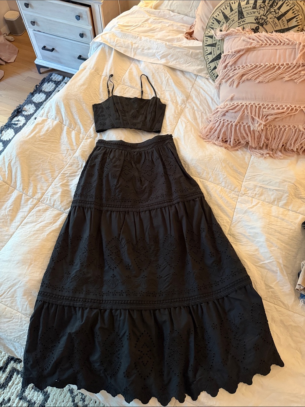 Jason Wu Black Eyelet Tiered Maxi Skirt & Crop Top SZ XS